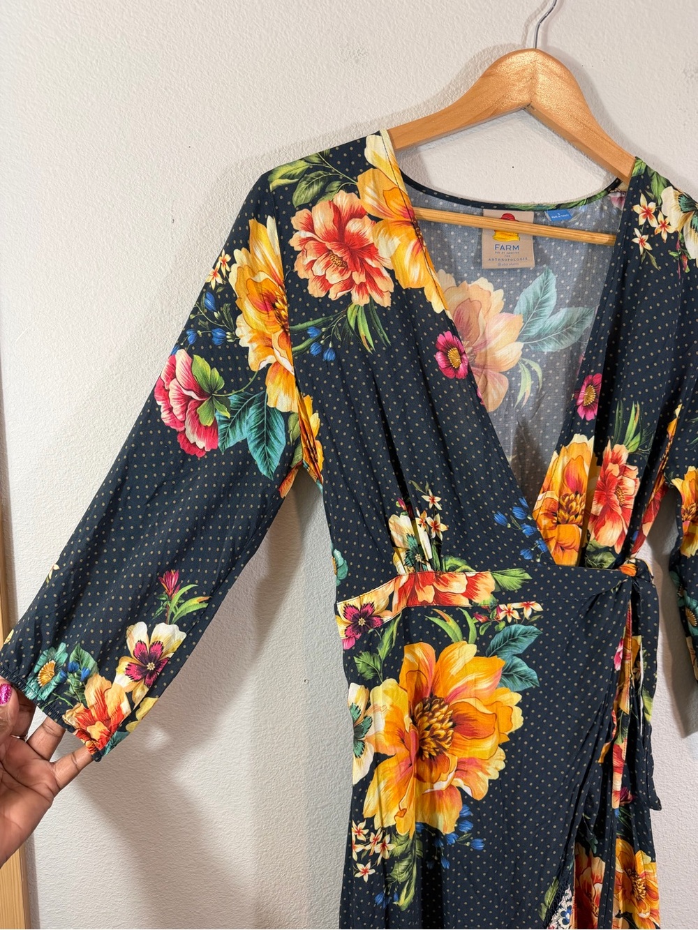 Anthropologie Farm Rio Majorca Wrap Dress Size S Blue Floral Polka Dot Hi Low - Picture 9 of 15